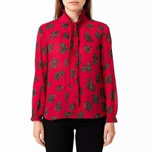 Saloni Emile Cherry Bow Silk Top Red Size 2 Ruffle Tie Neck Blouse